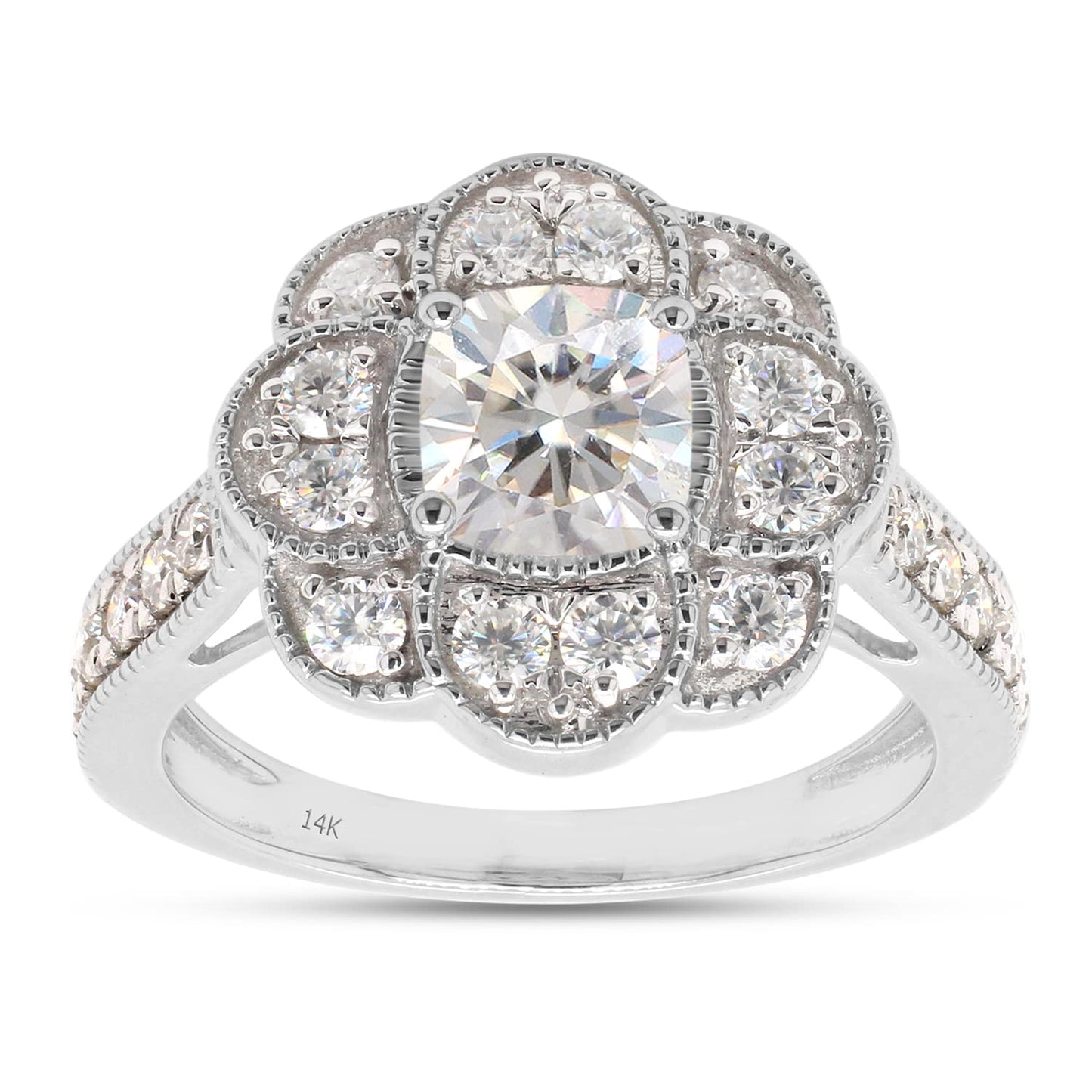 1 2/5 ct.t.w Center 6MM Cushion Cut Lab Created Moissanite Diamond Floral Halo Engagement Ring in 10K Or 14K Solid Gold (1.40 Cttw)
