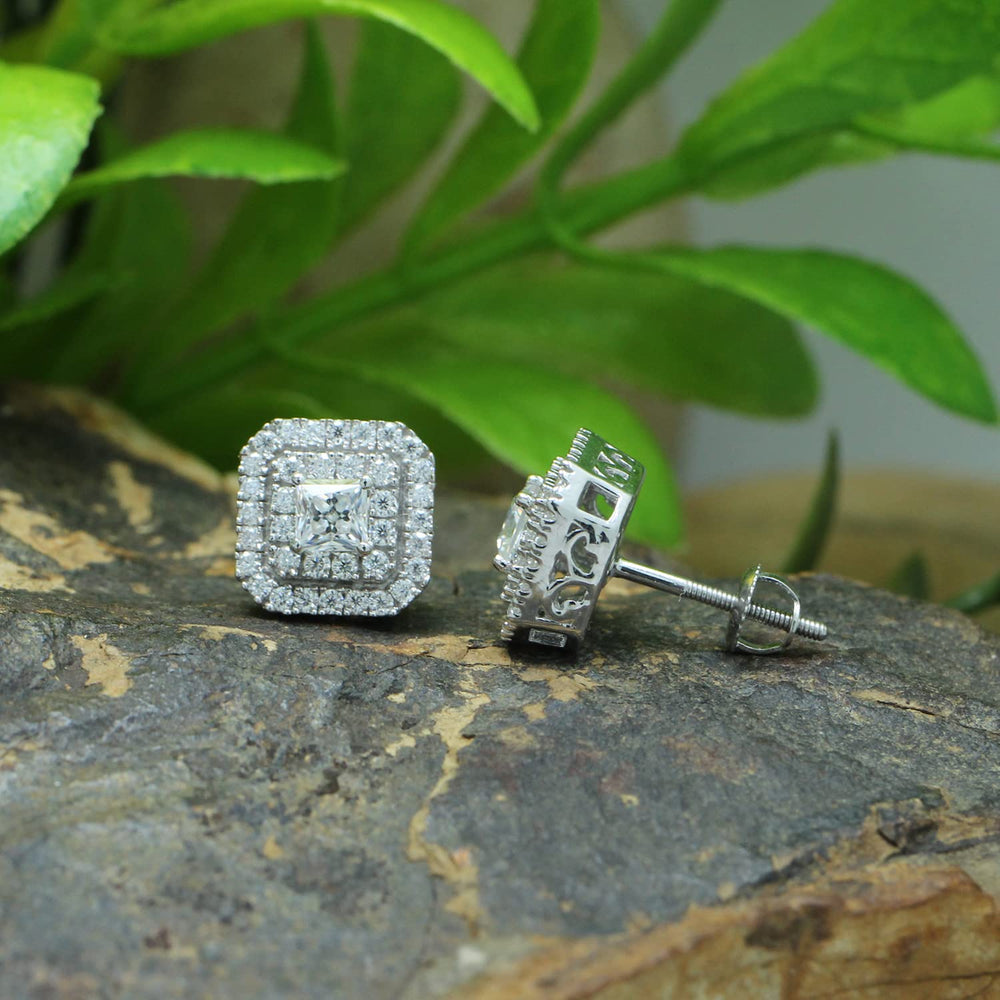 
                      
                        1 Carat Princess & Round Cut Lab Created Moissanite Diamond Double Halo Stud Earrings In 925 Sterling Silver
                      
                    