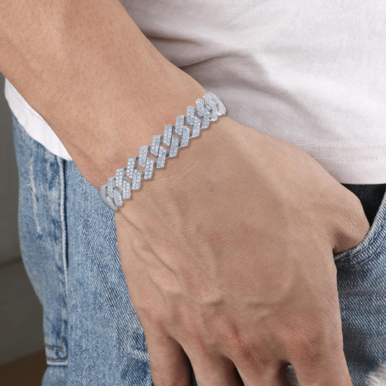 Round Cut Lab Created Moissanite Diamond 12MM Width Cuban Chain Bracelet For Men In 925 Sterling Silver