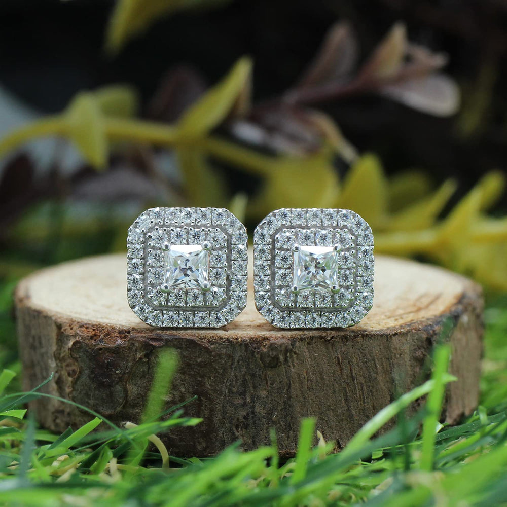 
                      
                        1 Carat Princess & Round Cut Lab Created Moissanite Diamond Double Halo Stud Earrings In 925 Sterling Silver
                      
                    