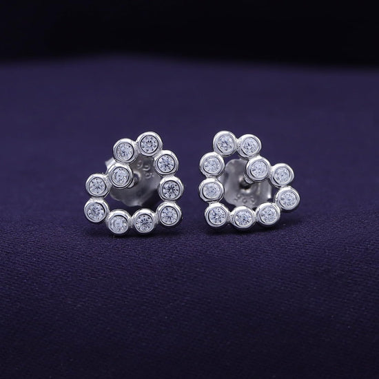 Round White Cubic Zirconia Bezel Set Open Heart Stud Earrings In 925 Sterling Silver