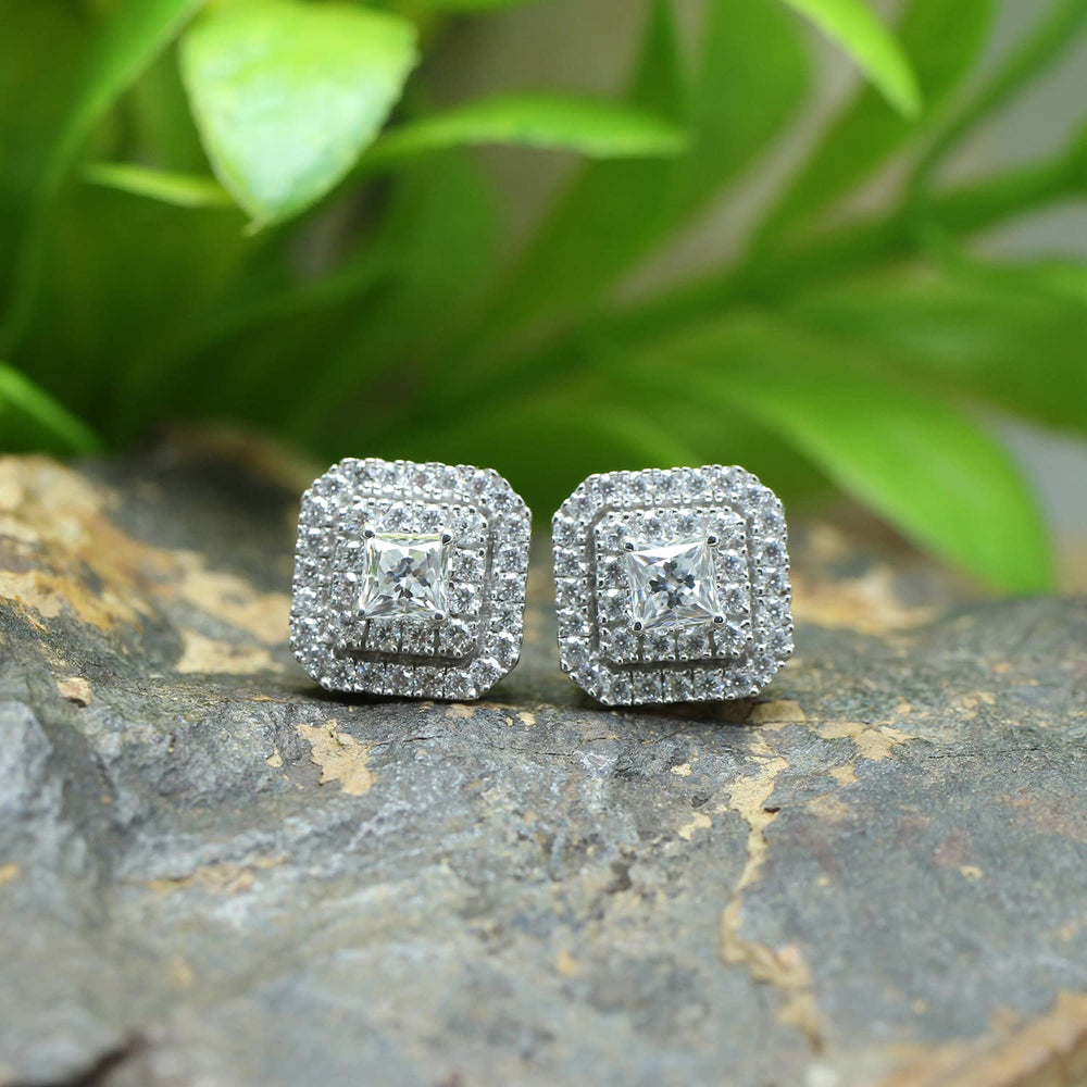 
                      
                        1 Carat Princess & Round Cut Lab Created Moissanite Diamond Double Halo Stud Earrings In 925 Sterling Silver
                      
                    