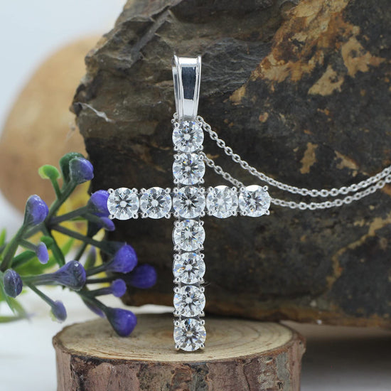 Round Cut Lab Created Moissanite Diamond Cross Tennis Pendant Necklace For Men & Women In 925 Sterling Silver