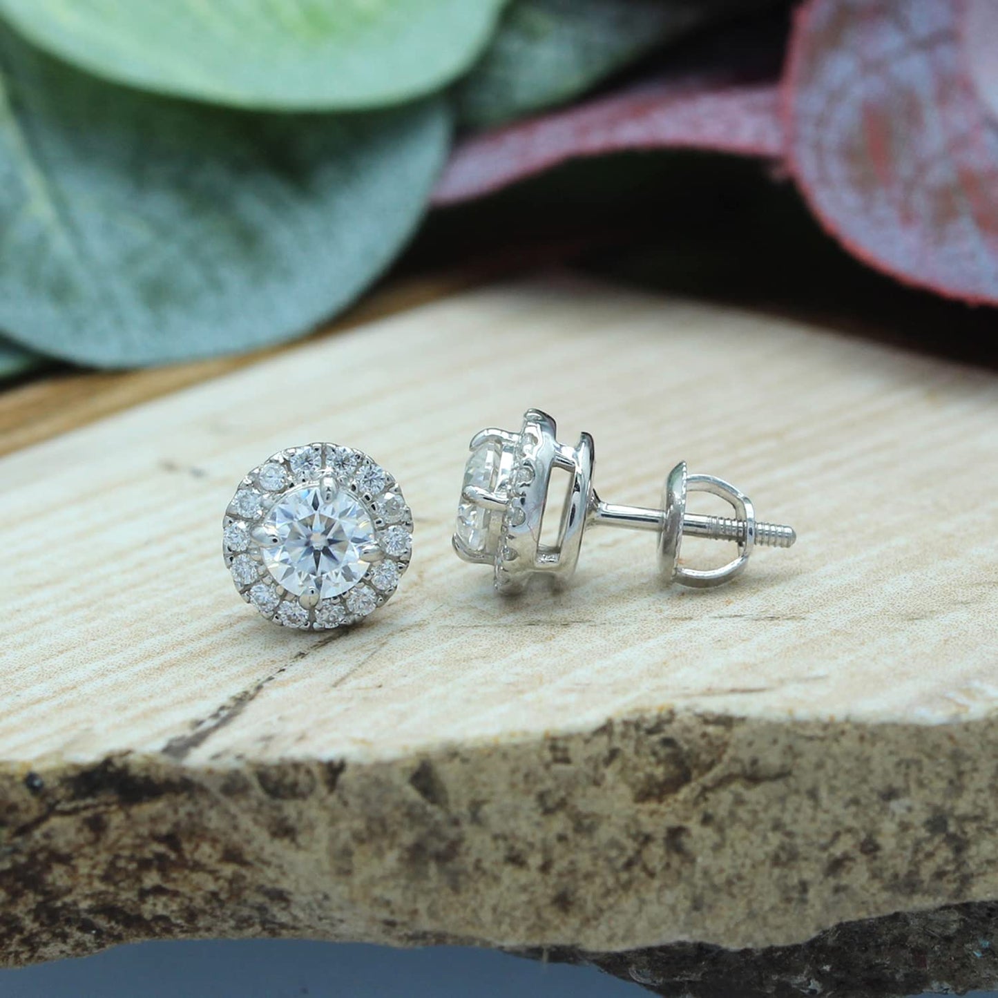 3/5 Carat Lab Created Moissanite Diamond Screw Back Halo Stud Earrings In 925 Sterling Silver (0.60 Cttw)