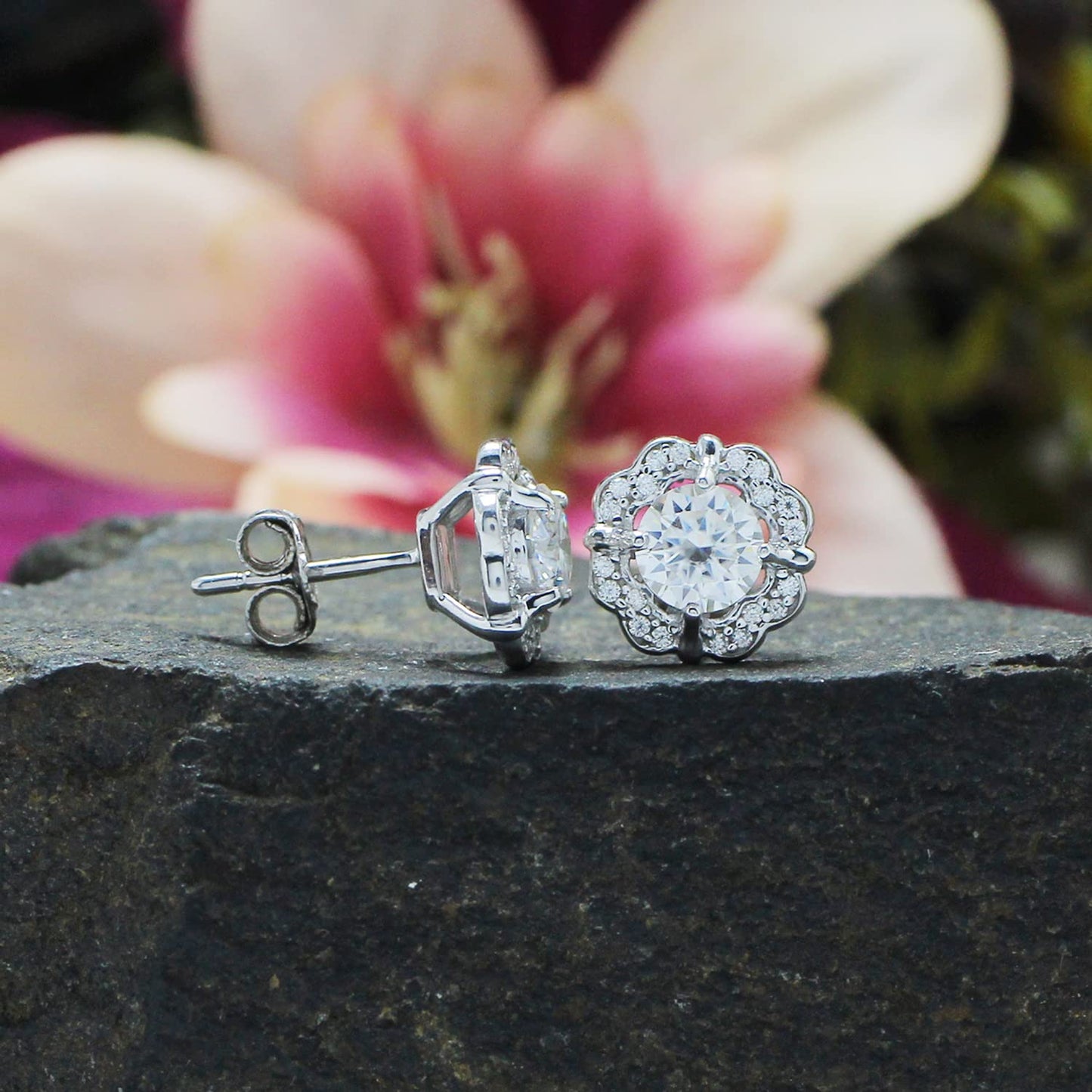 1 Carat Round Cut Lab Created Moissanite Diamond Floral Halo Stud Earrings In 925 Sterling Silver Jewelry