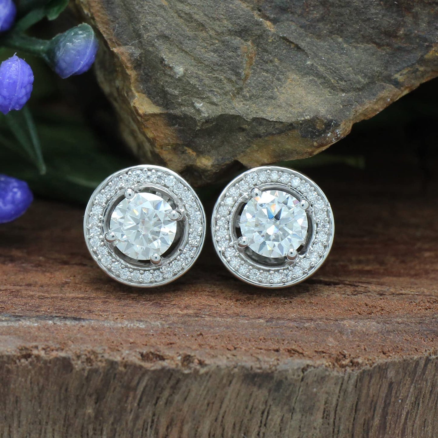 1 Carat Lab Created Moissanite Diamond Push Back Halo Stud Earrings In 925 Sterling Silver (VVS1 Clarity, 1 Cttw)