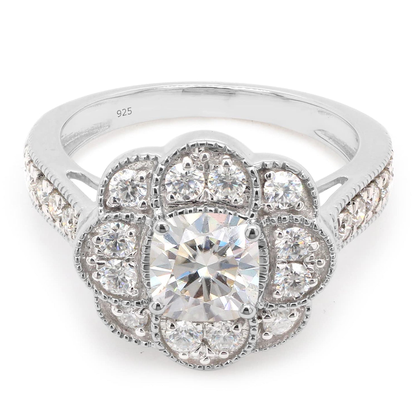 1.40 CT Center 6MM Cushion Cut Lab Created Moissanite Diamond Floral Halo Engagement Ring In 925 Sterling Silver