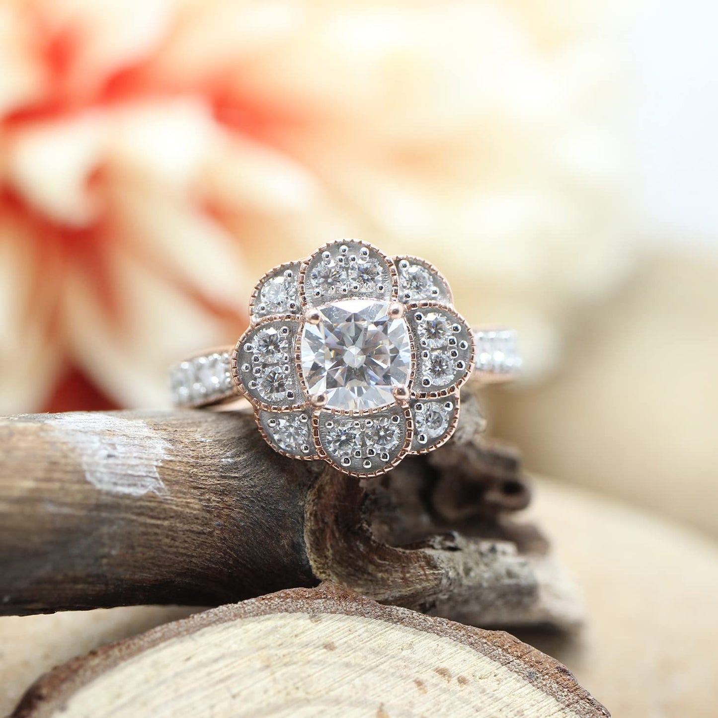 1.40 CT Center 6MM Cushion Cut Lab Created Moissanite Diamond Floral Halo Engagement Ring In 925 Sterling Silver