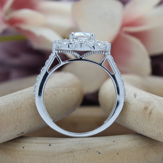 1.40 CT Center 6MM Cushion Cut Lab Created Moissanite Diamond Floral Halo Engagement Ring In 925 Sterling Silver