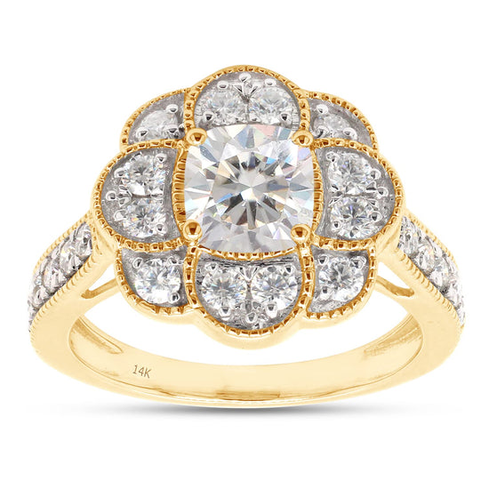 1 2/5 ct.t.w Center 6MM Cushion Cut Lab Created Moissanite Diamond Floral Halo Engagement Ring in 10K Or 14K Solid Gold (1.40 Cttw)