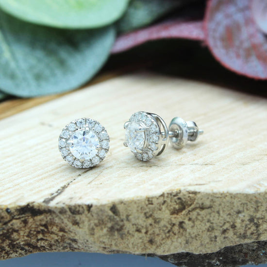 3/5 Carat Lab Created Moissanite Diamond Screw Back Halo Stud Earrings In 925 Sterling Silver (0.60 Cttw)