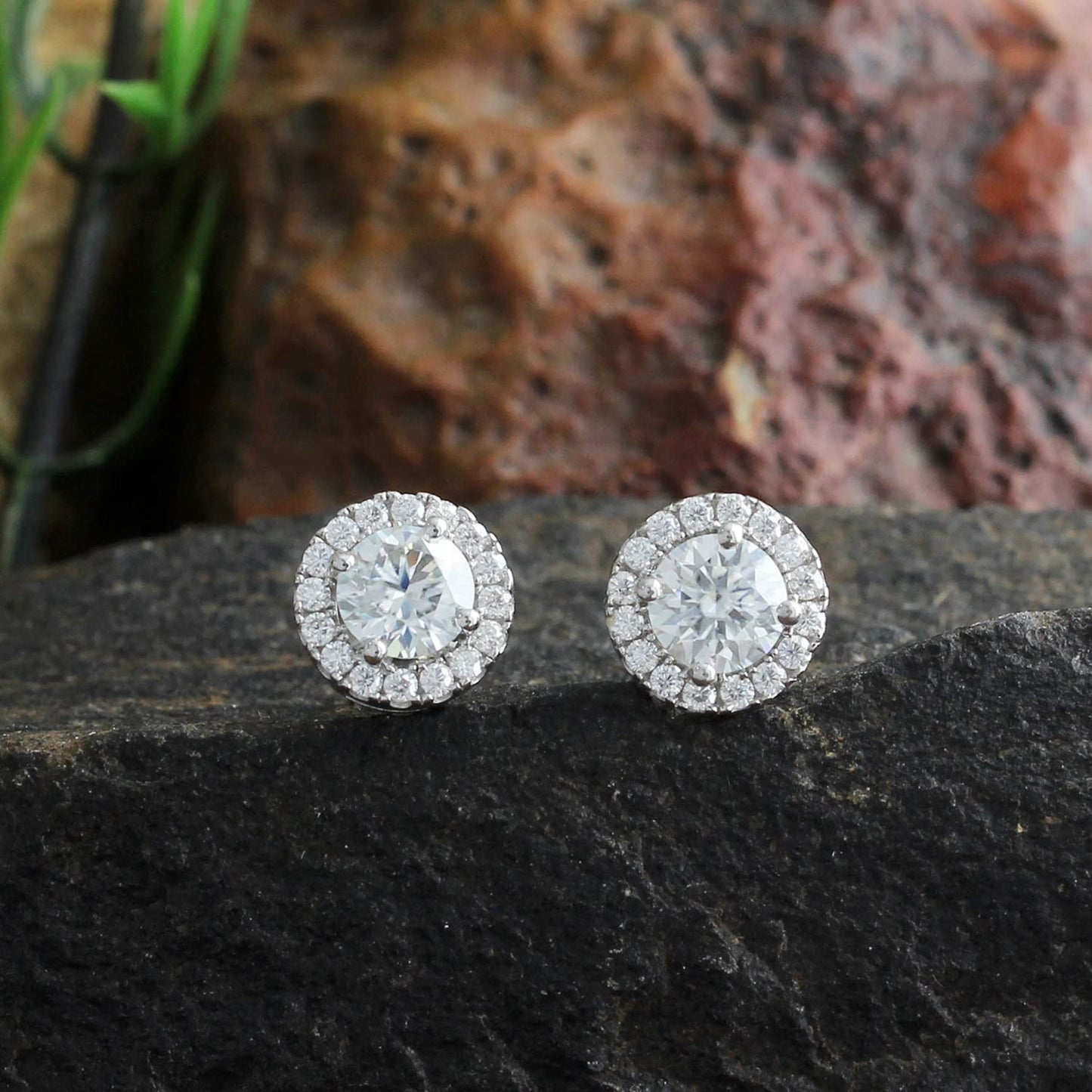 1 Carat Center Stone 5MM Round Cut Lab Created Moissanite Diamond Push Back Halo Stud Earrings In 925 Sterling Silver (1 Cttw)