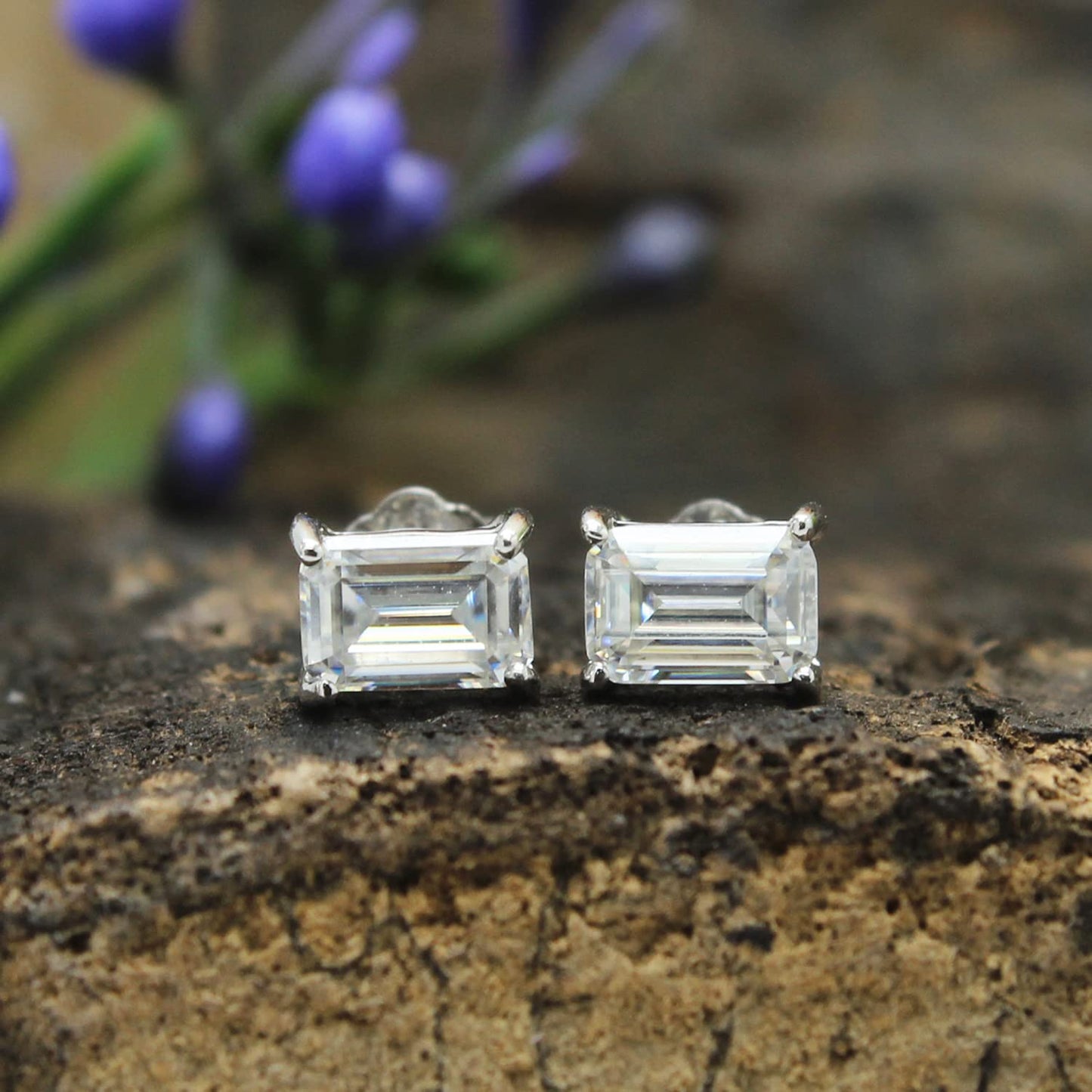 4x6MM Emerald Cut Lab Created Moissanite Diamond Solitaire Stud Earring For Women  In 925 Sterling Silver (1.20 Cttw)