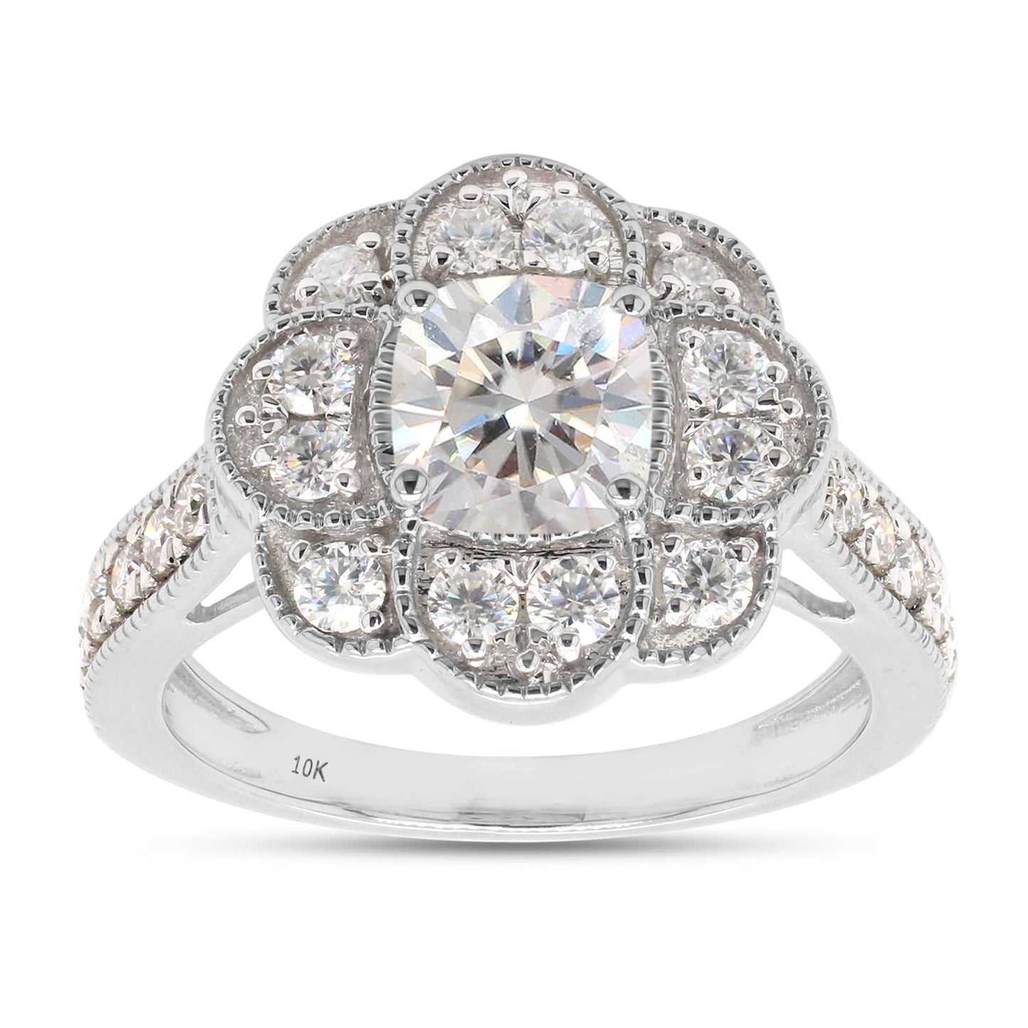 1 2/5 ct.t.w Center 6MM Cushion Cut Lab Created Moissanite Diamond Floral Halo Engagement Ring in 10K Or 14K Solid Gold (1.40 Cttw)