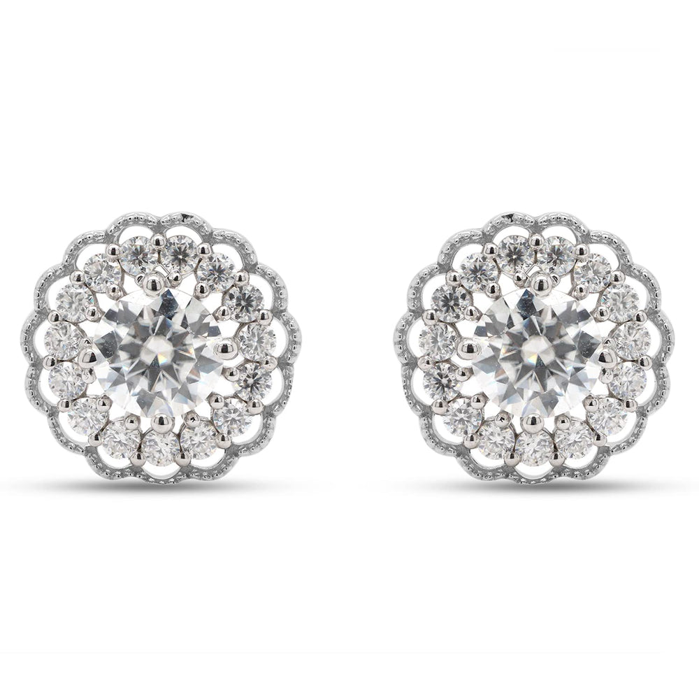 
                      
                        2 1/5 Carat Lab Created Moissanite Diamond Push Back Flower Halo Stud Earrings In 925 Sterling Silver (VVS1 Clarity, 2.20 Cttw)
                      
                    