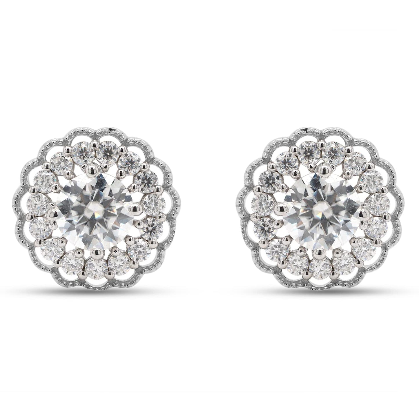 2 1/5 Carat Lab Created Moissanite Diamond Push Back Flower Halo Stud Earrings In 925 Sterling Silver (VVS1 Clarity, 2.20 Cttw)