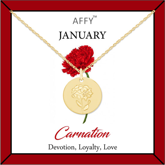Birth Flower Necklace Engraved Custom Floral Pendant Necklaces In 14k Gold Plated Brass