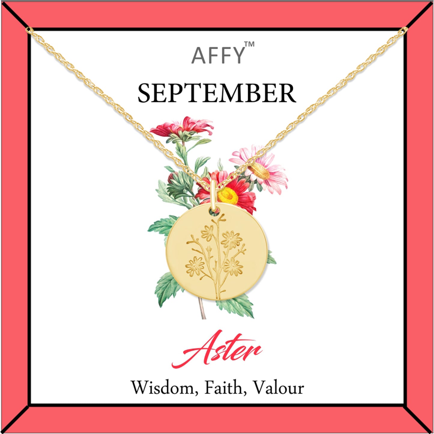 Birth Flower Necklace Engraved Custom Floral Pendant Necklaces In 14k Gold Plated Brass