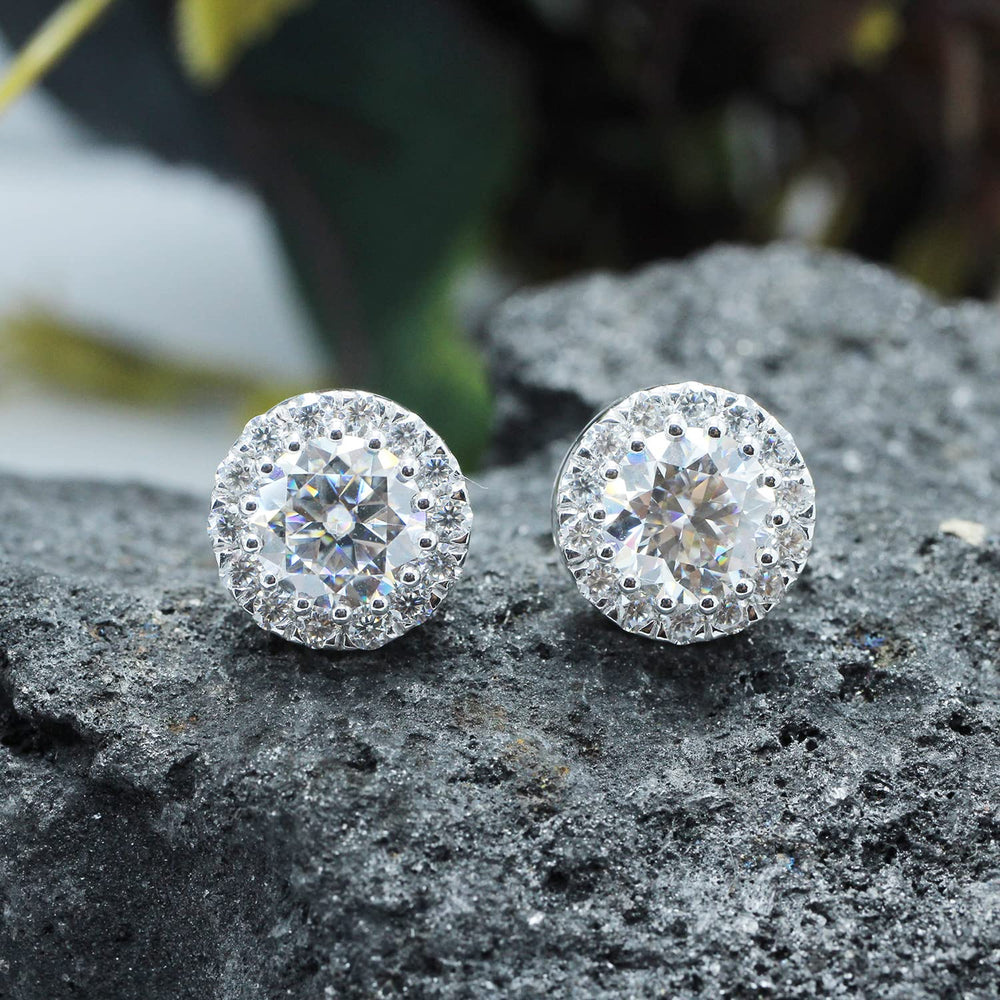 
                      
                        3 Carat Lab Created Moissanite Diamond Screw Back Halo Stud Earrings In 925 Sterling Silver (VVS1 Clarity, 3 Cttw)
                      
                    