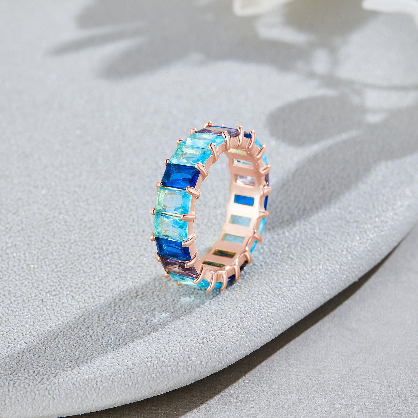 Emerald-Cut Multi Color AAA Created-Gemstone Rainbow Eternity Ring In 18K Gold Plated Brass