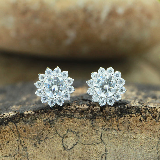 1.5 Carat Round Cut Lab Created Moissanite Diamond Push Back Halo Stud Earrings In 925 Sterling Silver (1.5 Cttw)