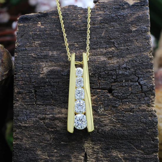 Round Cut Lab Created Moissanite Diamond Five Stone Journey Bar Pendant Necklace In 925 Sterling Silver