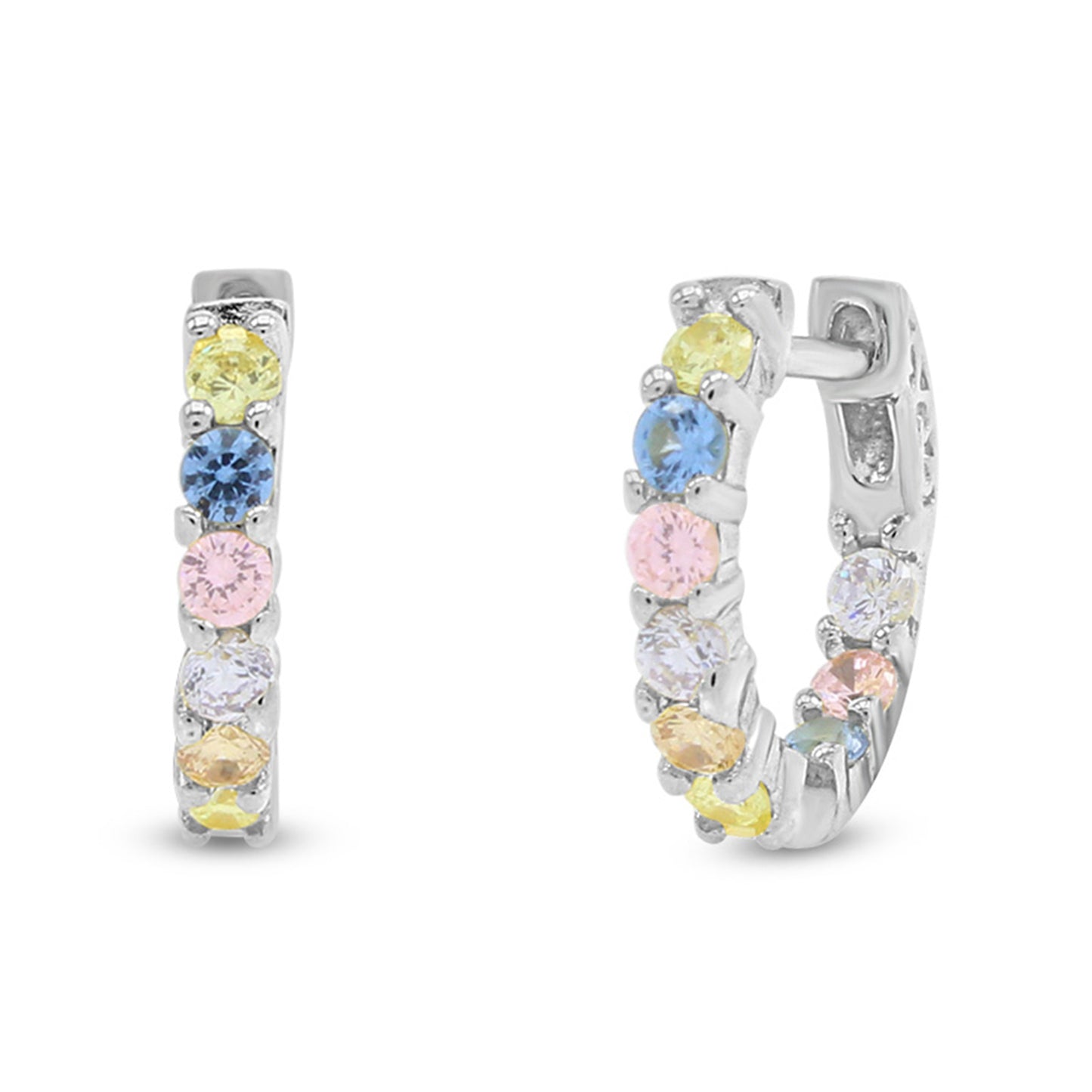 Pastel Round Rainbow Cubic Zirconia Inside-Out Hoop Earrings For Women In 14K Gold Plated Brass