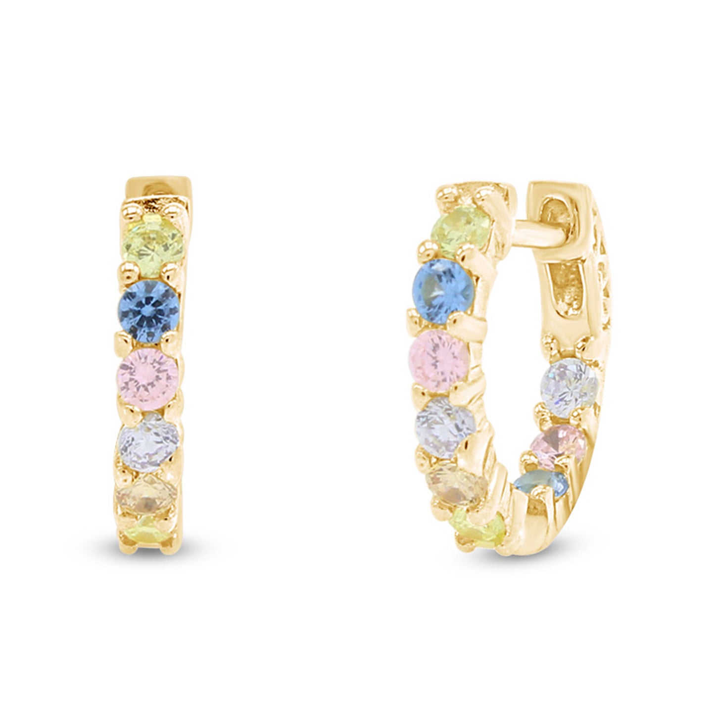 Load image into Gallery viewer, Pastel Round Rainbow Cubic Zirconia Inside-Out Hoop Earrings For Women In 14K Gold Plated Brass
