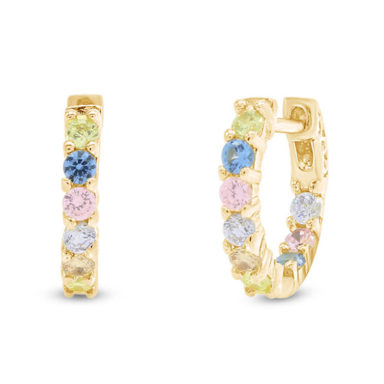 Load image into Gallery viewer, Pastel Round Rainbow Cubic Zirconia Inside-Out Hoop Earrings For Women In 14K Gold Plated Brass

