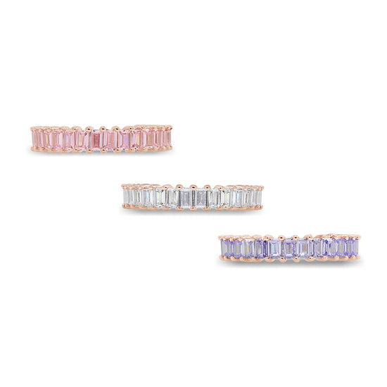 Baguette Shape Set of 3 Pastel Rainbow Cubic Zirconia Stackable Eternity Band Ring For Women In 14K Gold Plated Brass