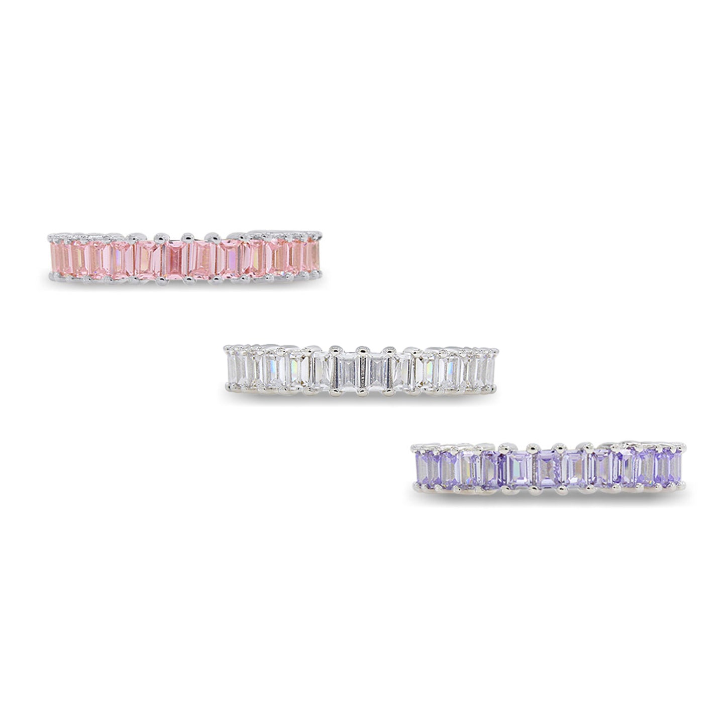 Baguette Shape Set of 3 Pastel Rainbow Cubic Zirconia Stackable Eternity Band Ring For Women In 14K Gold Plated Brass
