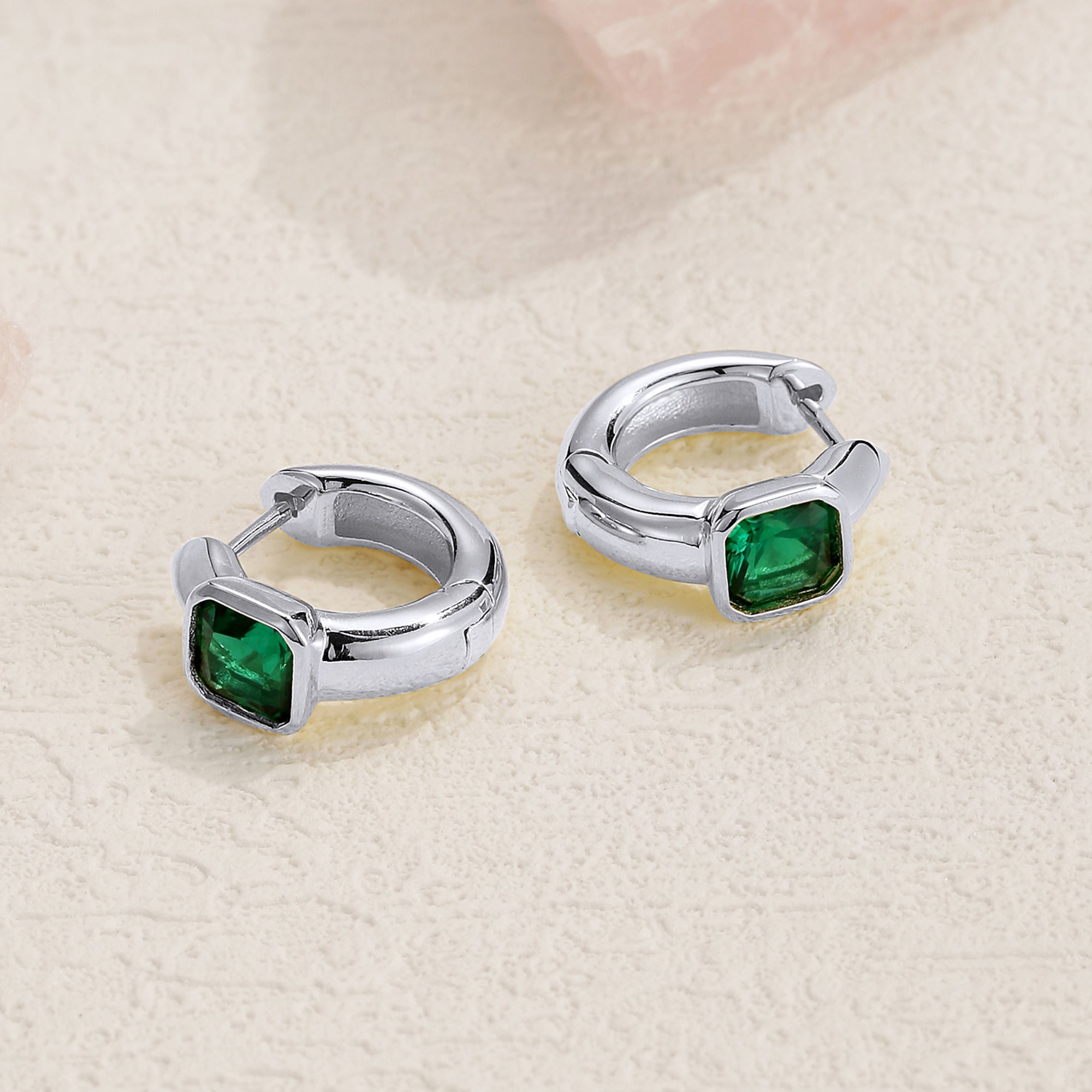 Teo Emerald Hoop Huggie Solitaire Earrings