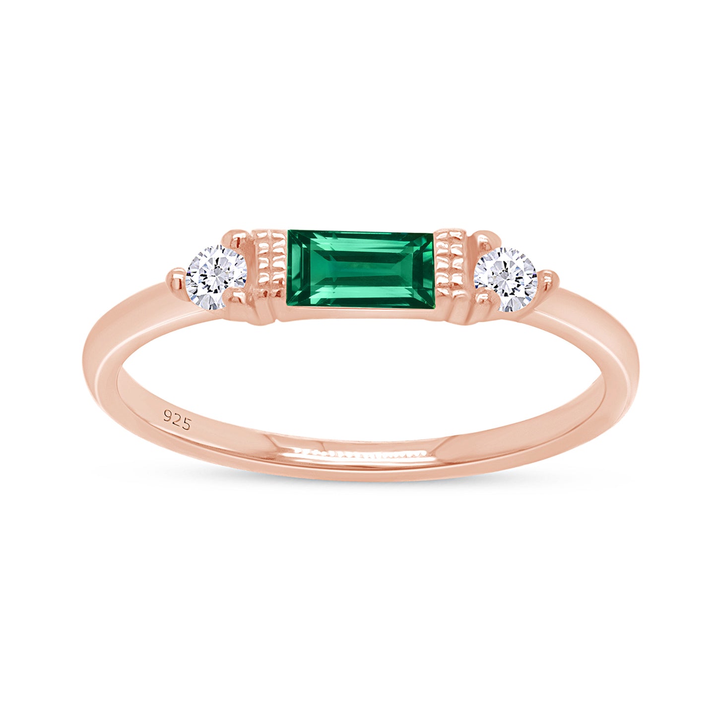 Baguette & Round Cut Simulated Birthstone & White Cubic Zirconia Three Stone Wedding Band Ring In 925 Sterling Silver