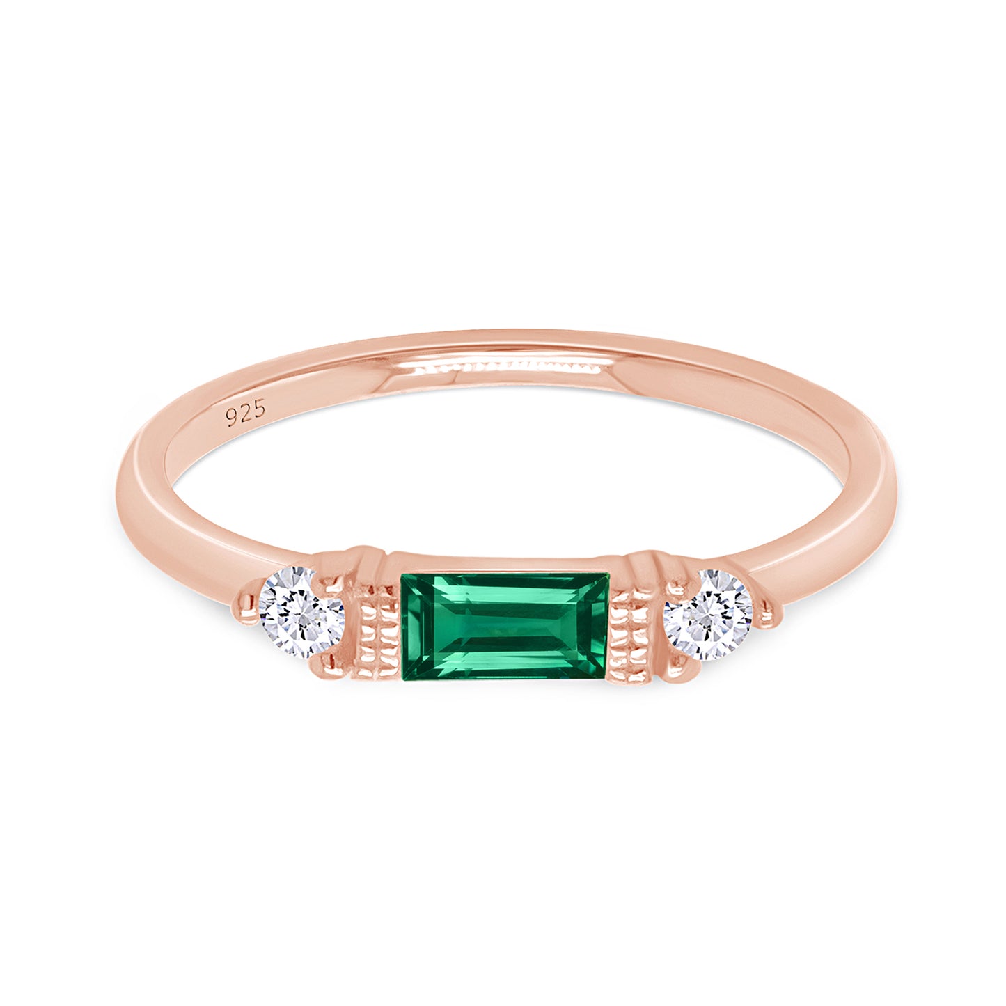 Baguette & Round Cut Simulated Birthstone & White Cubic Zirconia Three Stone Wedding Band Ring In 925 Sterling Silver