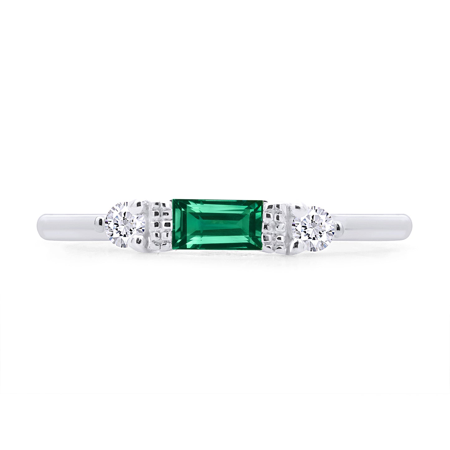 Baguette & Round Cut Simulated Birthstone & White Cubic Zirconia Three Stone Wedding Band Ring In 925 Sterling Silver