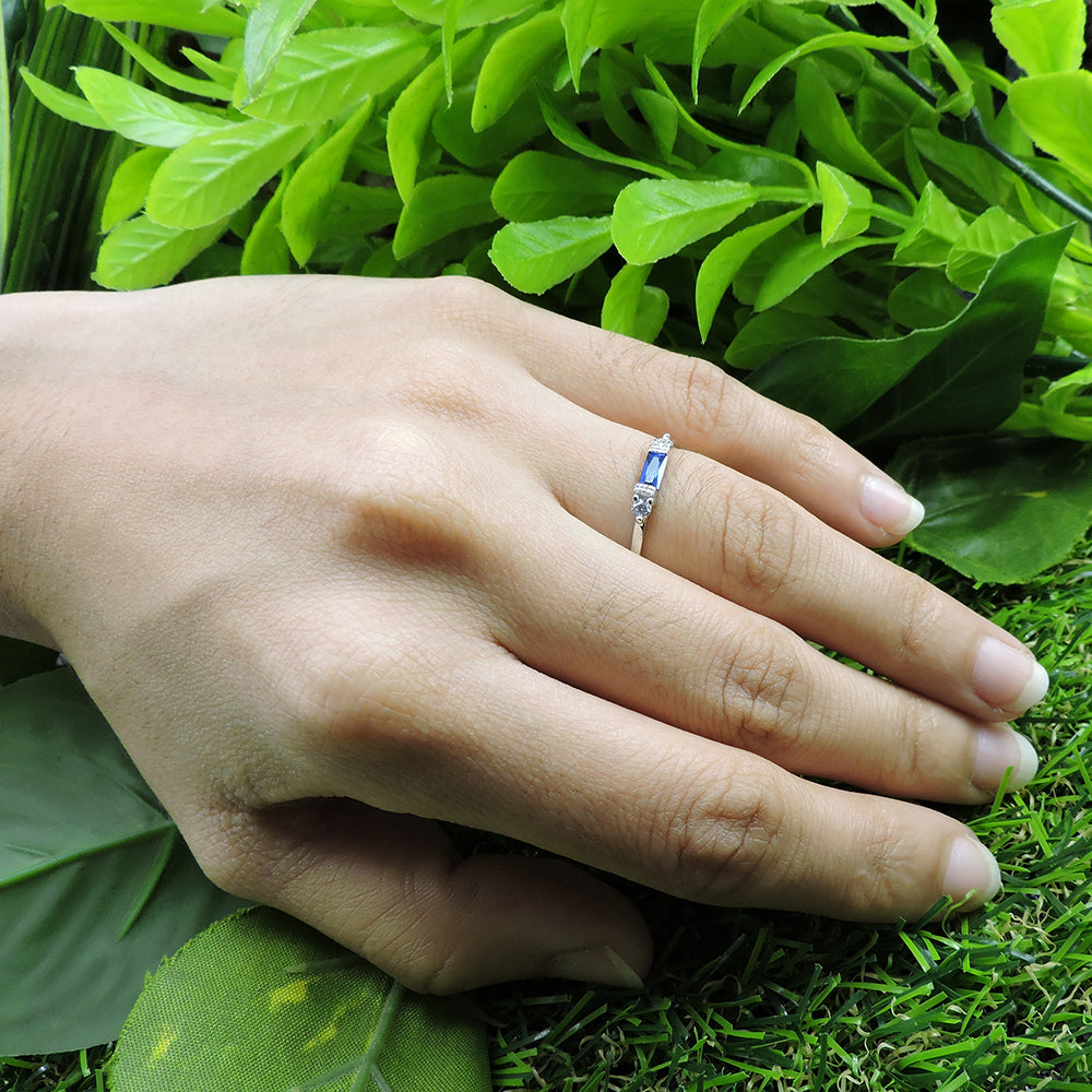 Baguette & Round Cut Simulated Birthstone & White Cubic Zirconia Three Stone Wedding Band Ring In 925 Sterling Silver