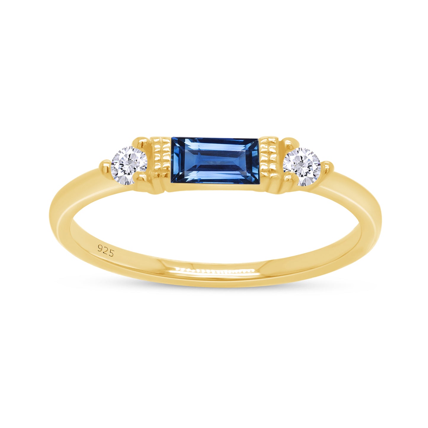 Baguette & Round Cut Simulated Birthstone & White Cubic Zirconia Three Stone Wedding Band Ring In 925 Sterling Silver