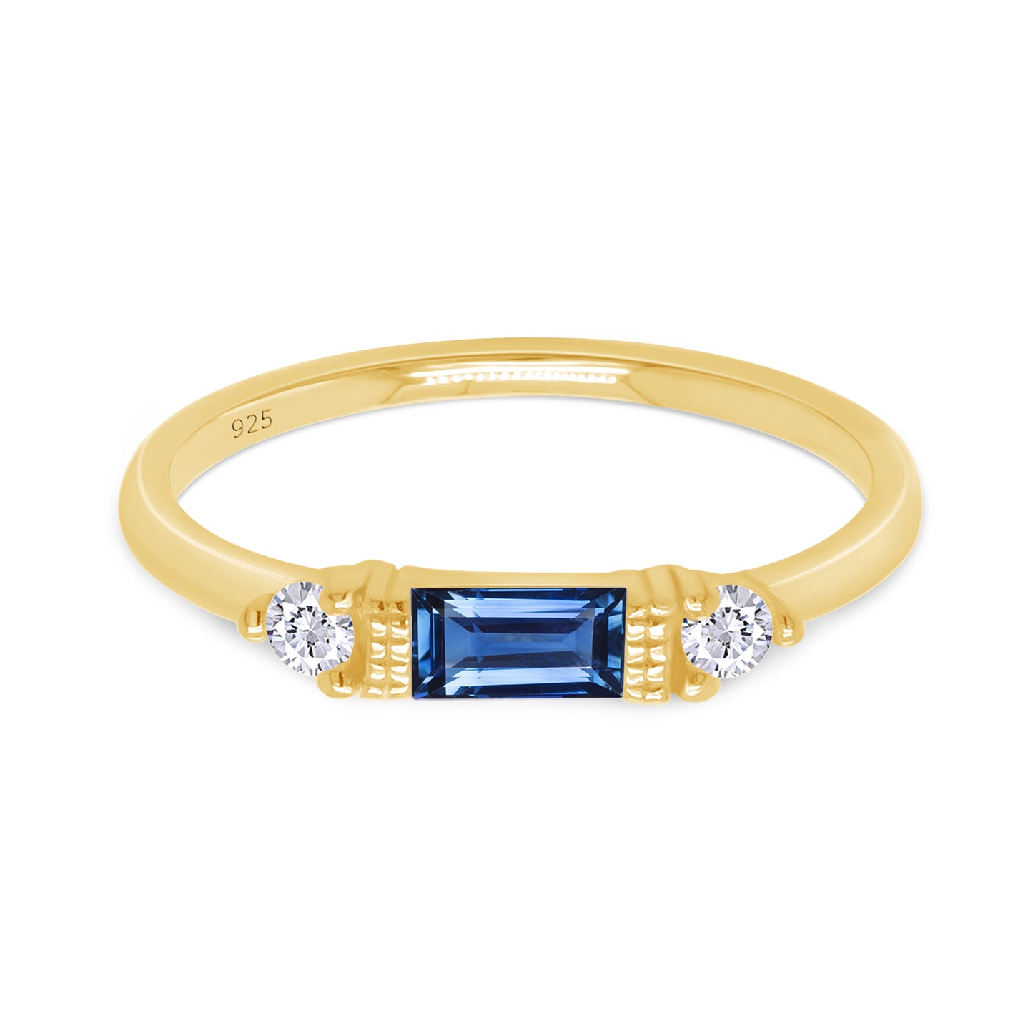 Baguette & Round Cut Simulated Birthstone & White Cubic Zirconia Three Stone Wedding Band Ring In 925 Sterling Silver