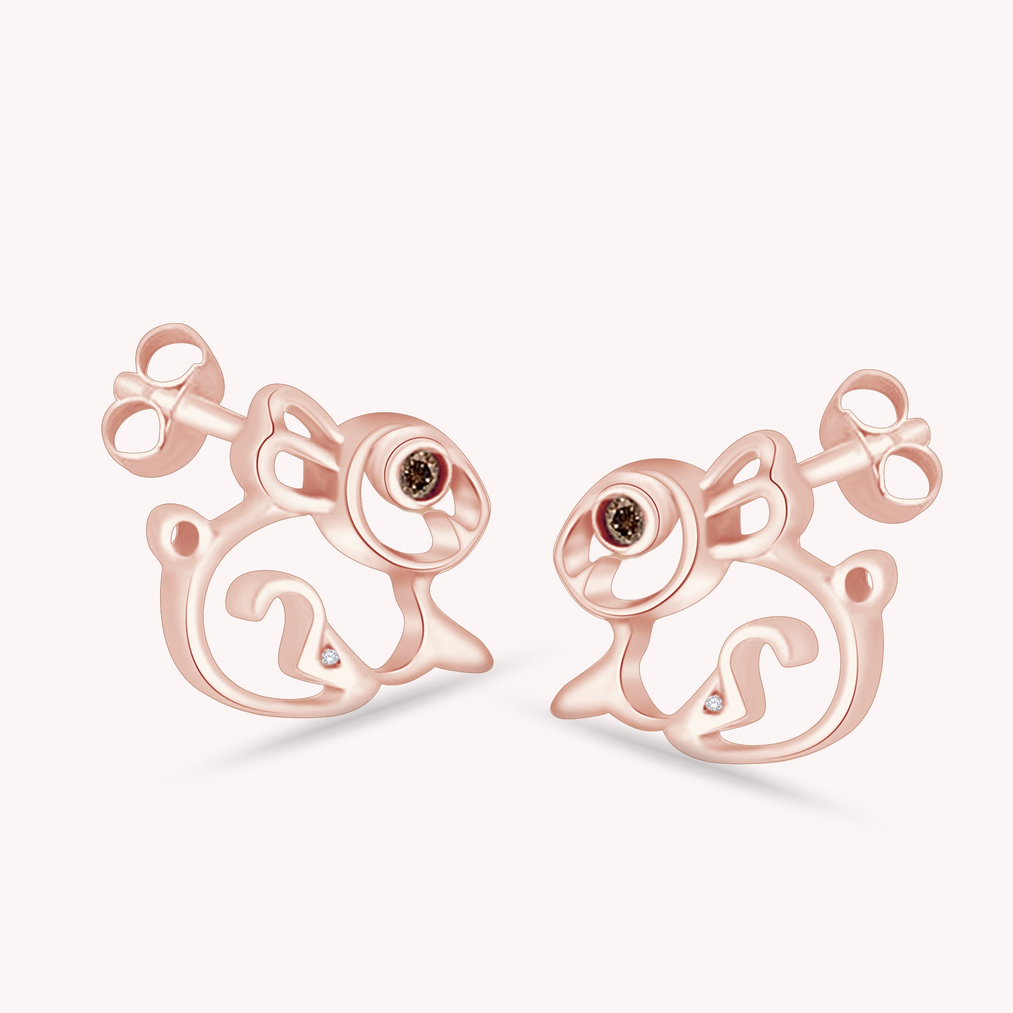Brown & White CZ Rabbit Stud Earring, 14K Gold Over Sterling Silver