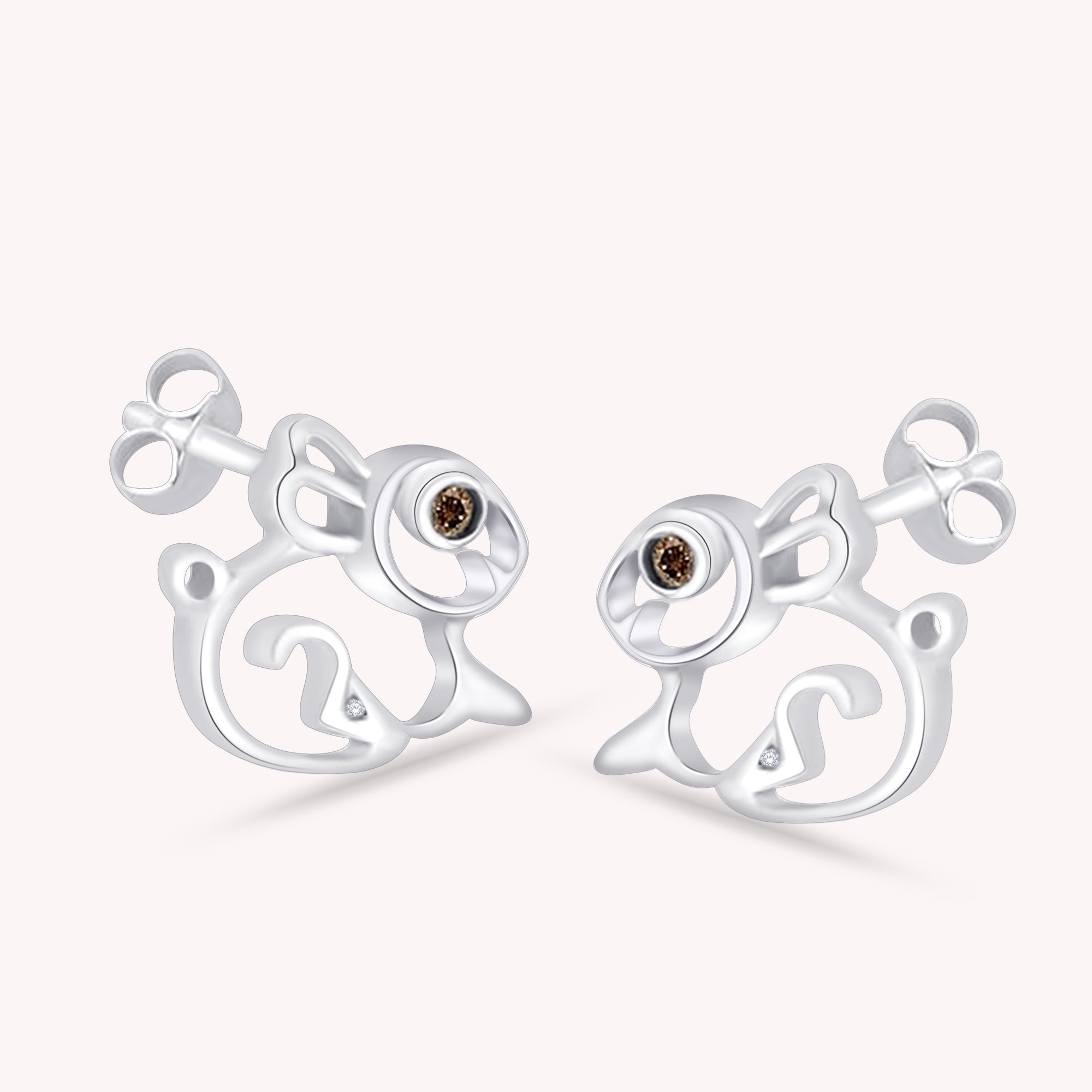 Brown & White CZ Rabbit Stud Earring, 14K Gold Over Sterling Silver