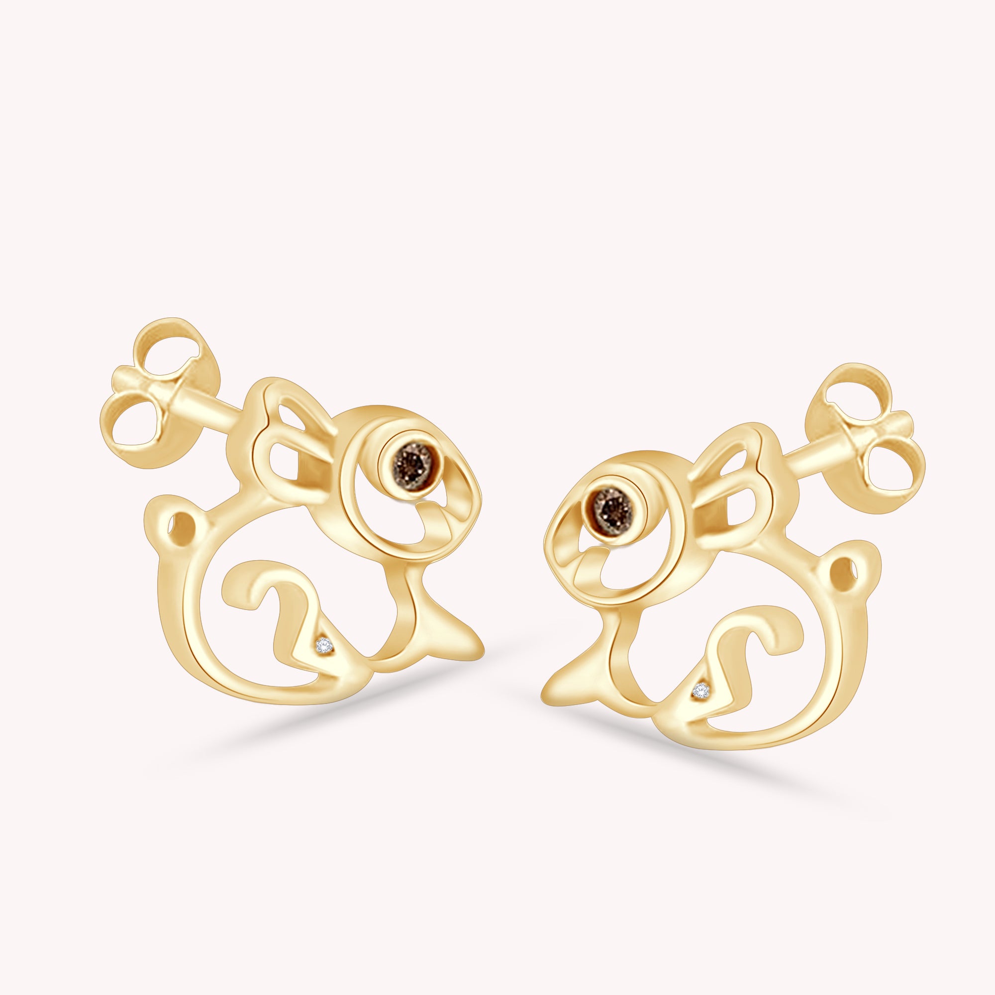 Brown & White CZ Rabbit Stud Earring, 14K Gold Over Sterling Silver