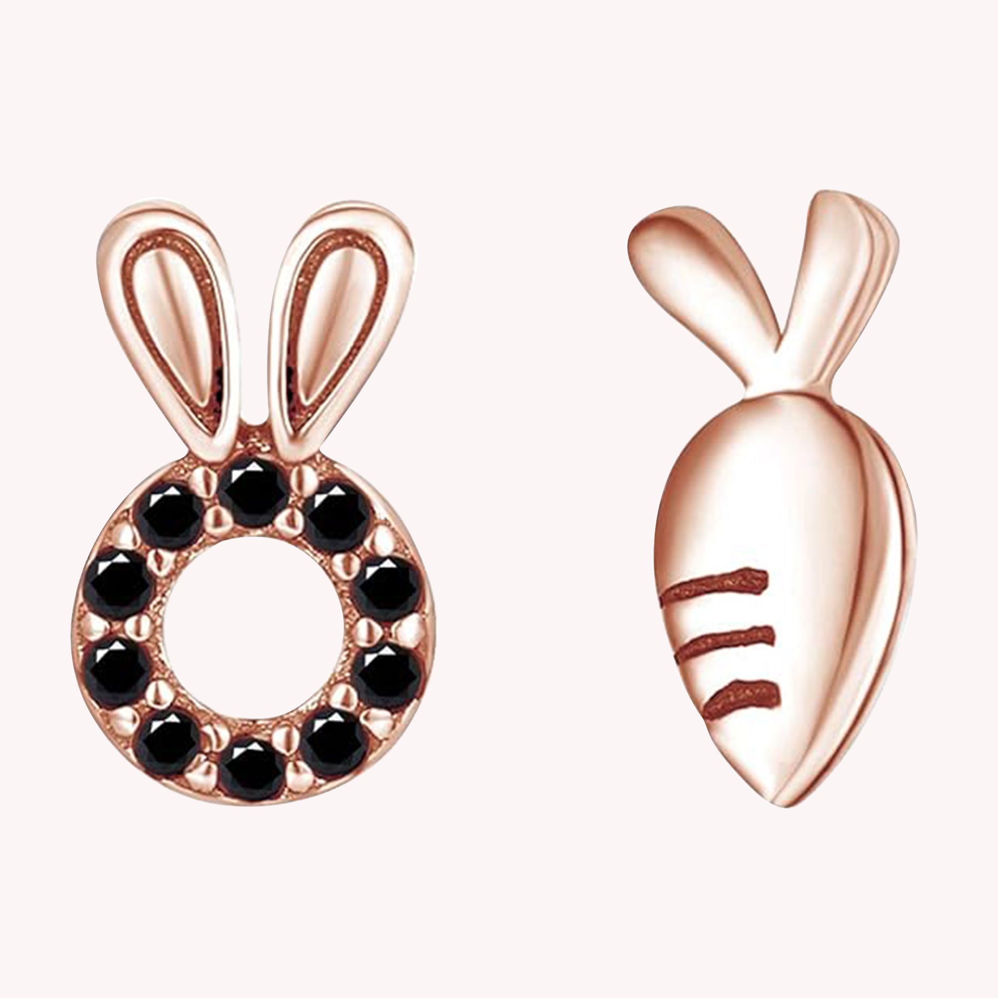 Round Black CZ Rabbit & Carrot Stud Earrings, 14K Gold Over Sterling Silver