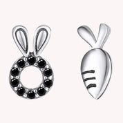 Round Black CZ Rabbit & Carrot Stud Earrings, 14K Gold Over Sterling Silver