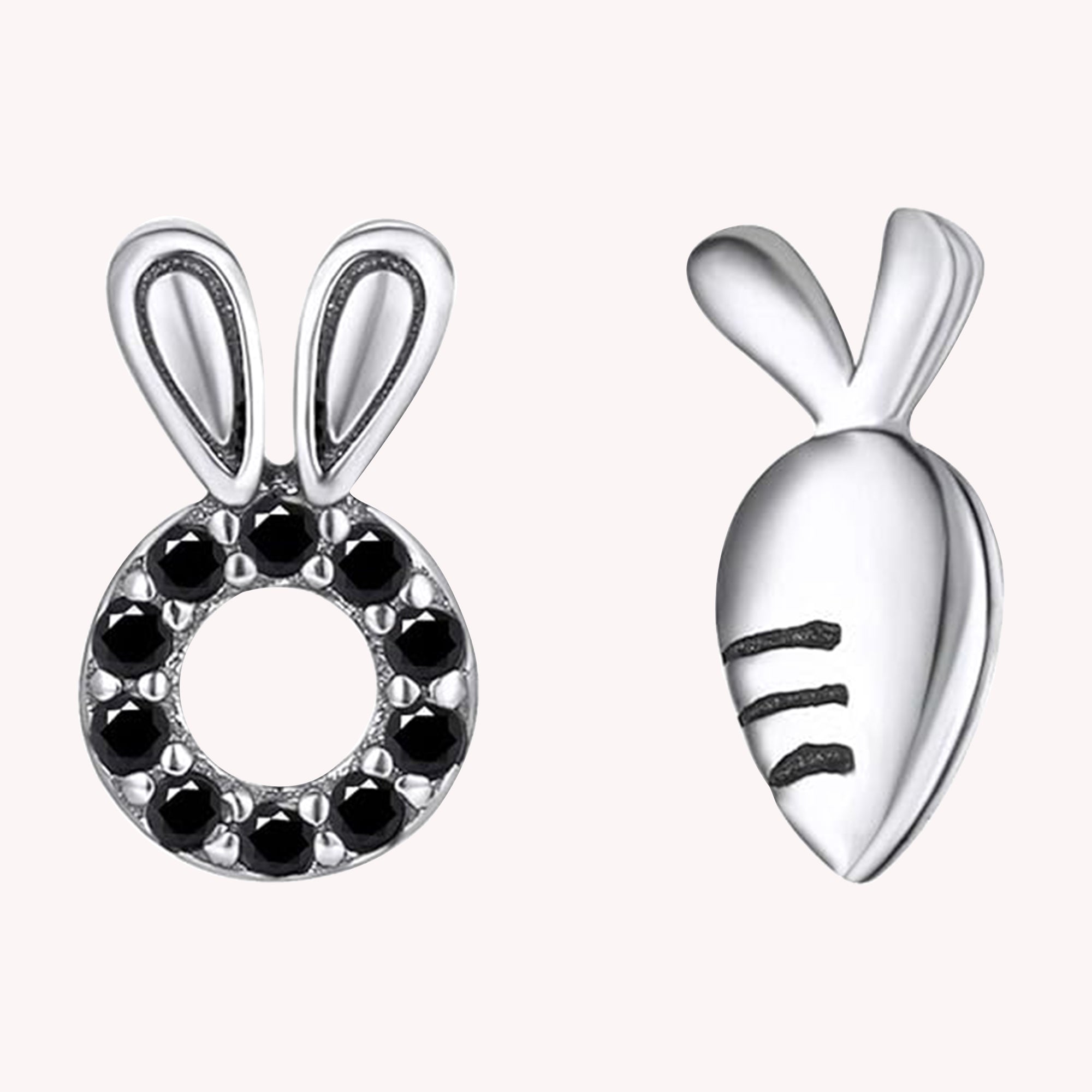 Round Black CZ Rabbit & Carrot Stud Earrings, 14K Gold Over Sterling Silver