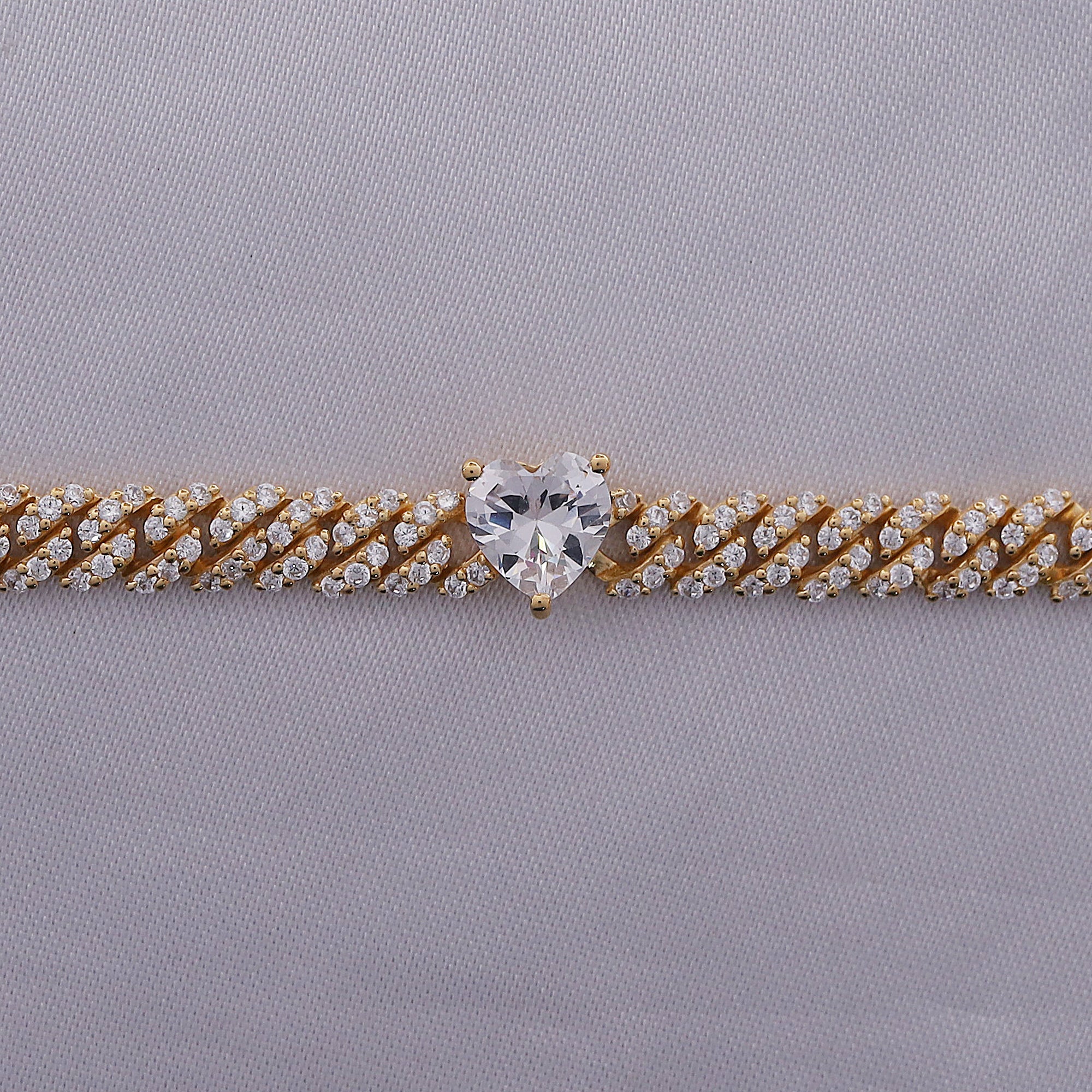 Single Row Cuban Chain Bracelet Heart & Round Shape White Cubic Zirconia