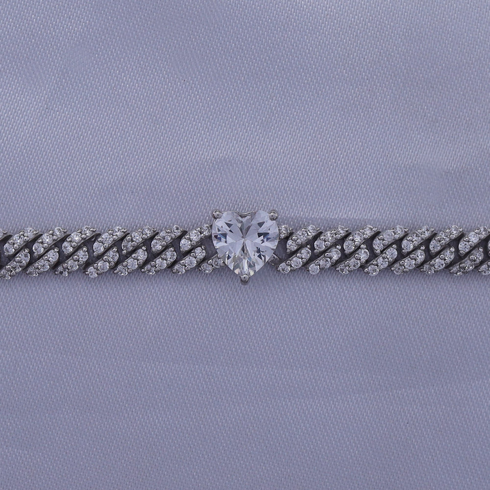 
                      
                        Heart & Round Cut Sparkling White Cubic Zirconia Adjustable Single Row Cuban Chain Bracelet In 925 Sterling Silver
                      
                    