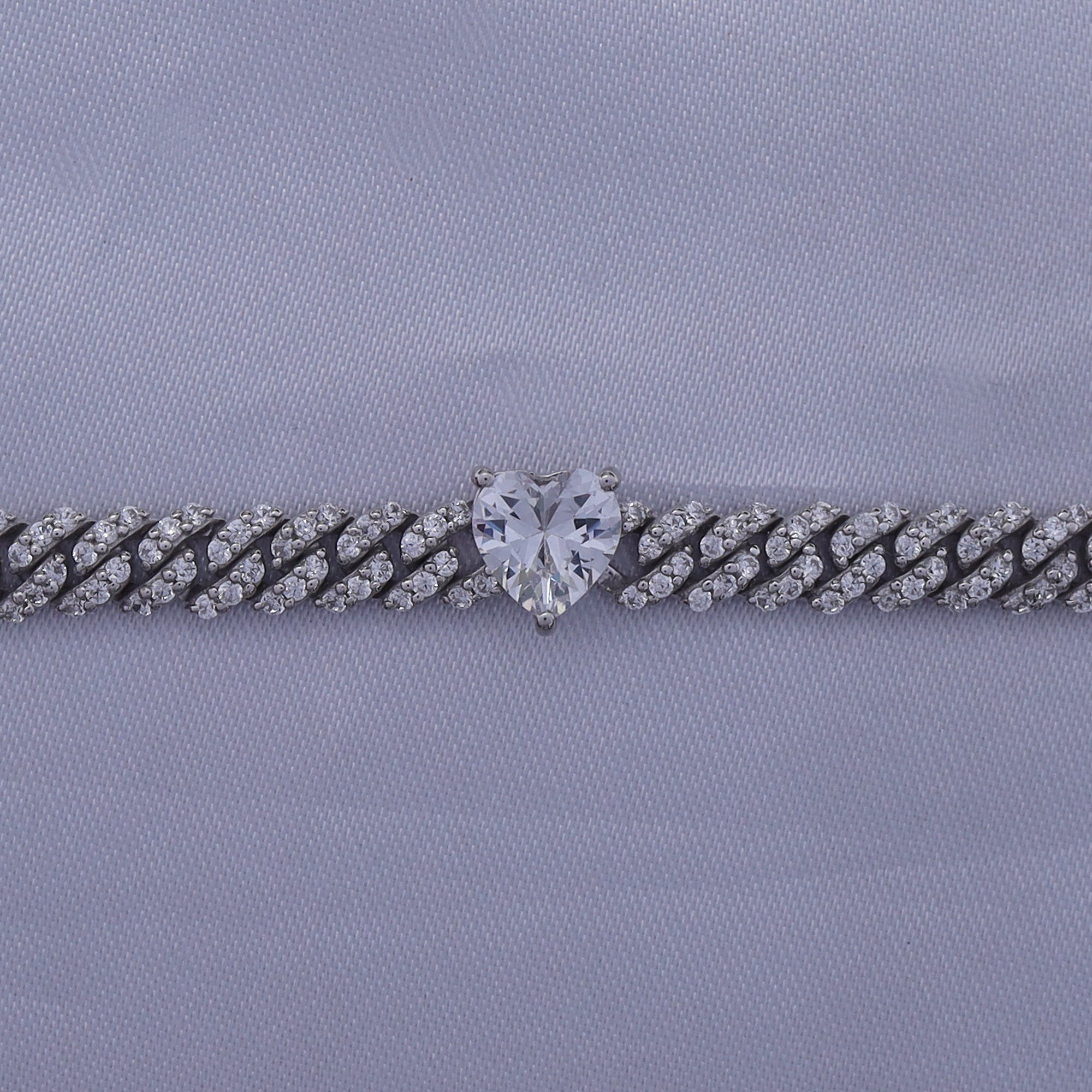 Single Row Cuban Chain Bracelet Heart & Round Shape White Cubic Zirconia