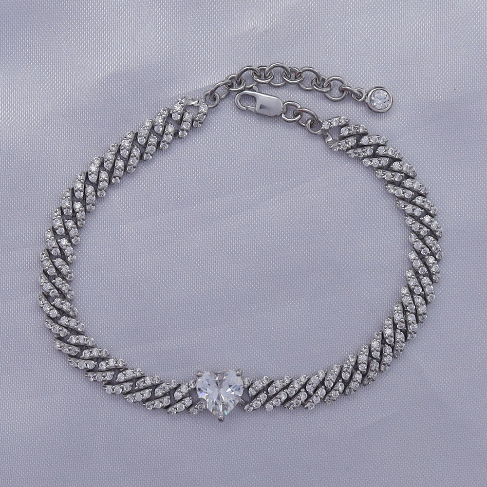 
                      
                        Heart & Round Cut Sparkling White Cubic Zirconia Adjustable Single Row Cuban Chain Bracelet In 925 Sterling Silver
                      
                    