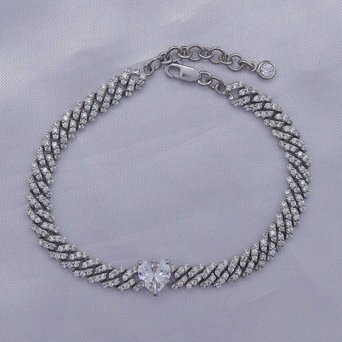 Heart & Round Cut Sparkling White Cubic Zirconia Adjustable Single Row Cuban Chain Bracelet In 925 Sterling Silver