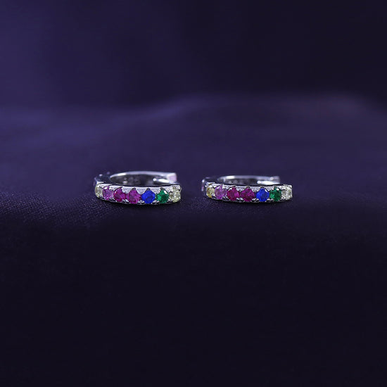 Colourful Rainbow Cubic Zirconia Round Small Tiny Hoop Earrings In 14K White Gold Plated 925 Sterling Silver